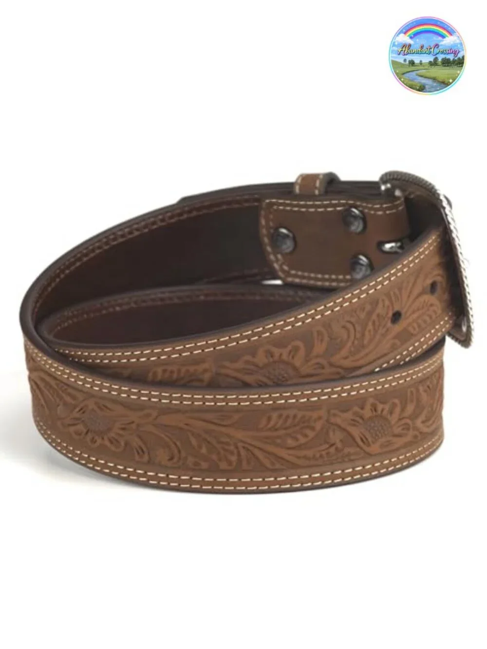 Leather Floral Embossed Belt with Buckle Closure for Dress or Jeans